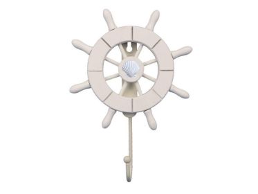 White Decorative Ship Wheel with Seashell and Hook 8&quot;